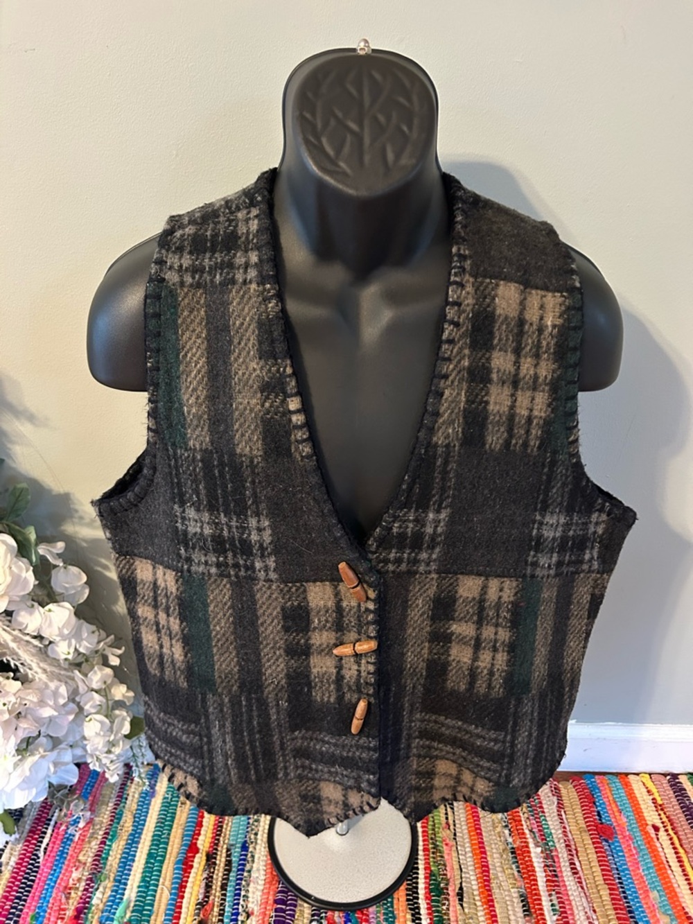 90s Plaid Flannel Vest Made In Indea Wool Blend Green Hippie Vintage y2k Medium